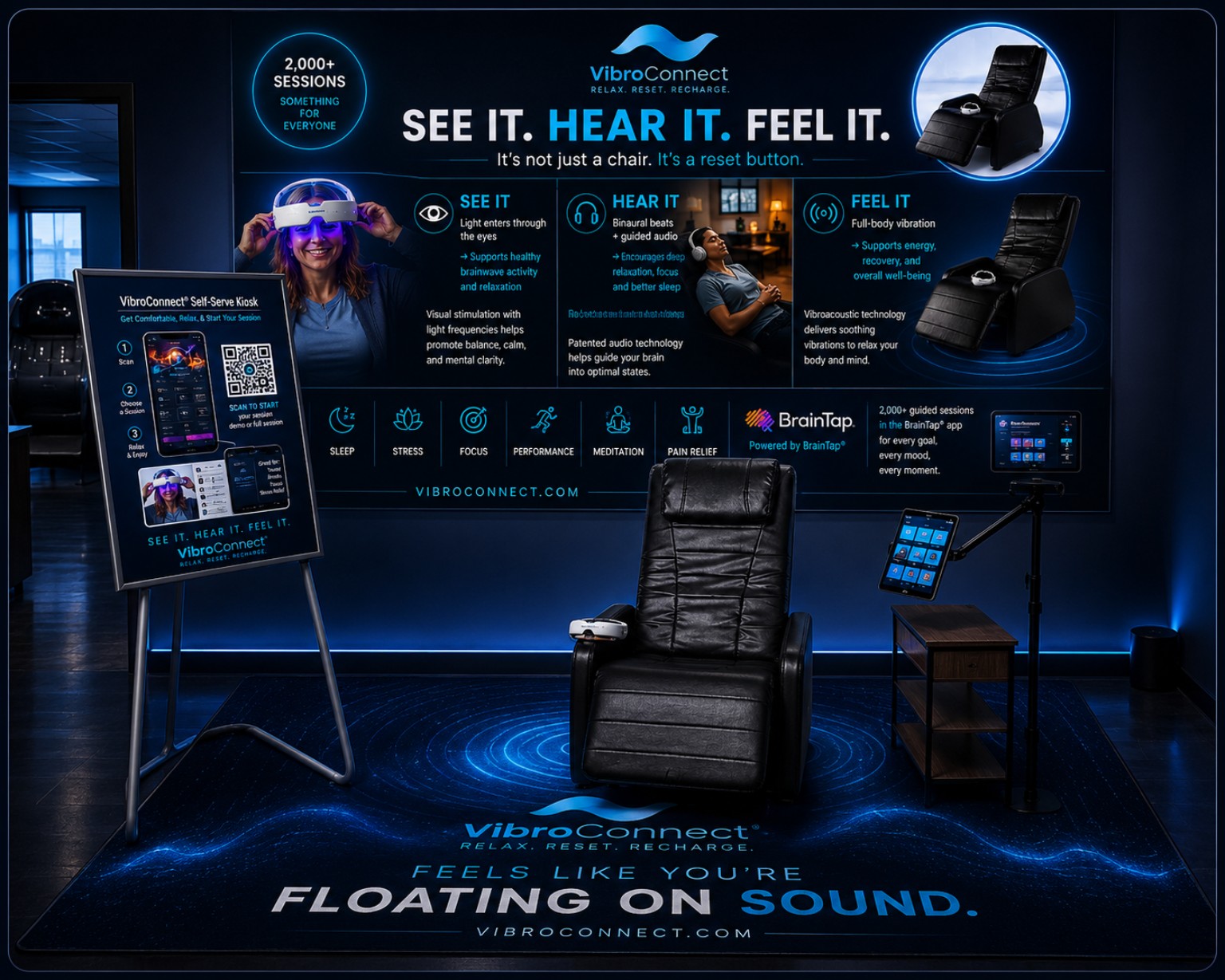 VibroConnect self-guided kiosk with chair, tablet, sign, and branded floating on sound rug